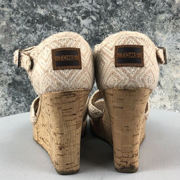 TOMS Womens 7.5 Sienna Tan Woven Diamond Pattern Cork High Heel Wedge Sandals - Picture 4 of 13